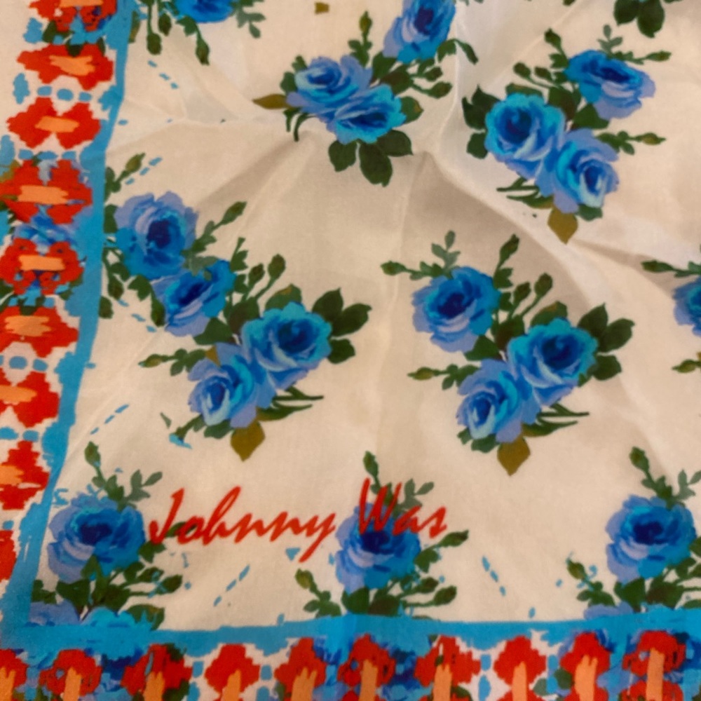 Johnny Was Blue Floral Scarf with Red Accents